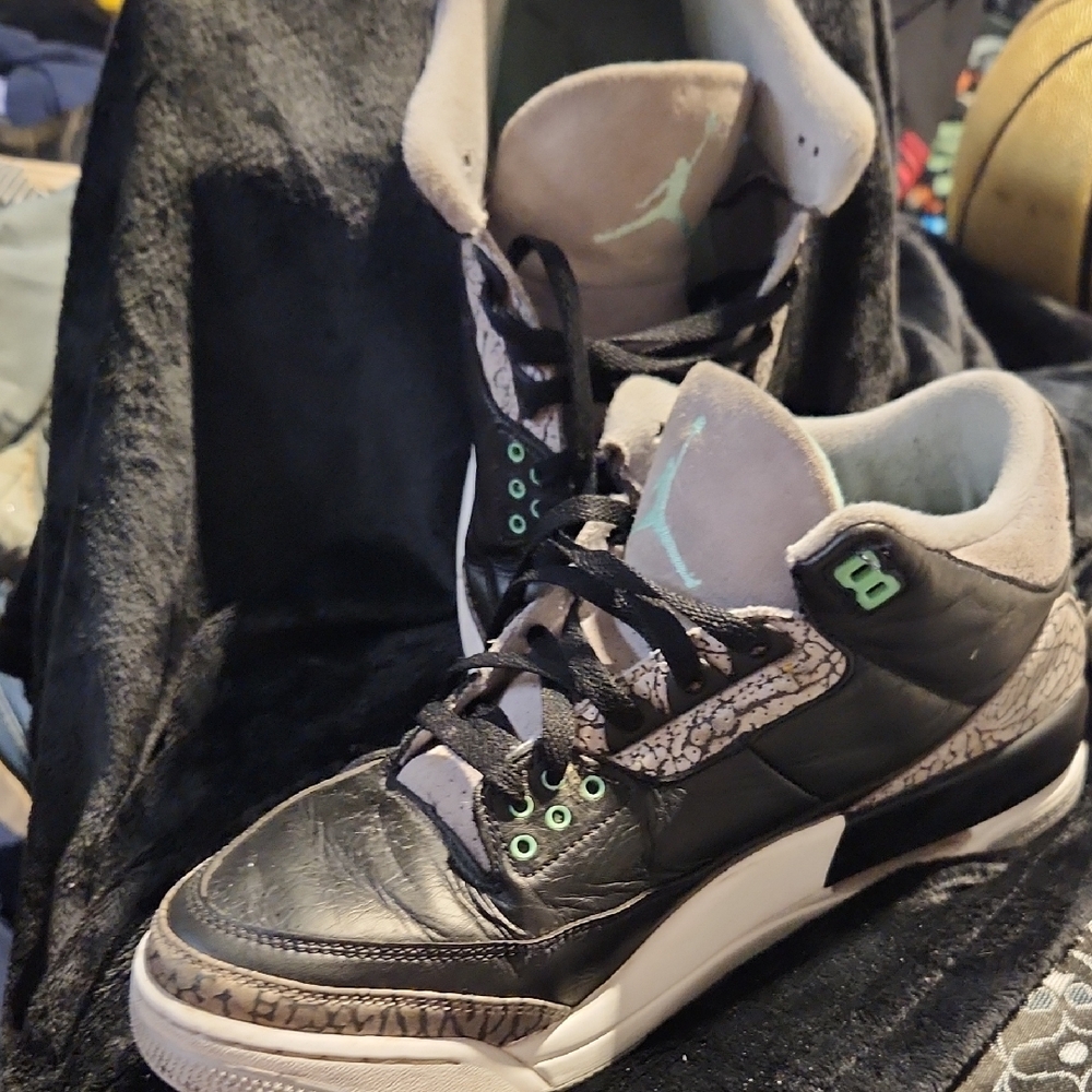 Air Jordan 3 Green Glow Black and Gray Sneakers with Green Accents